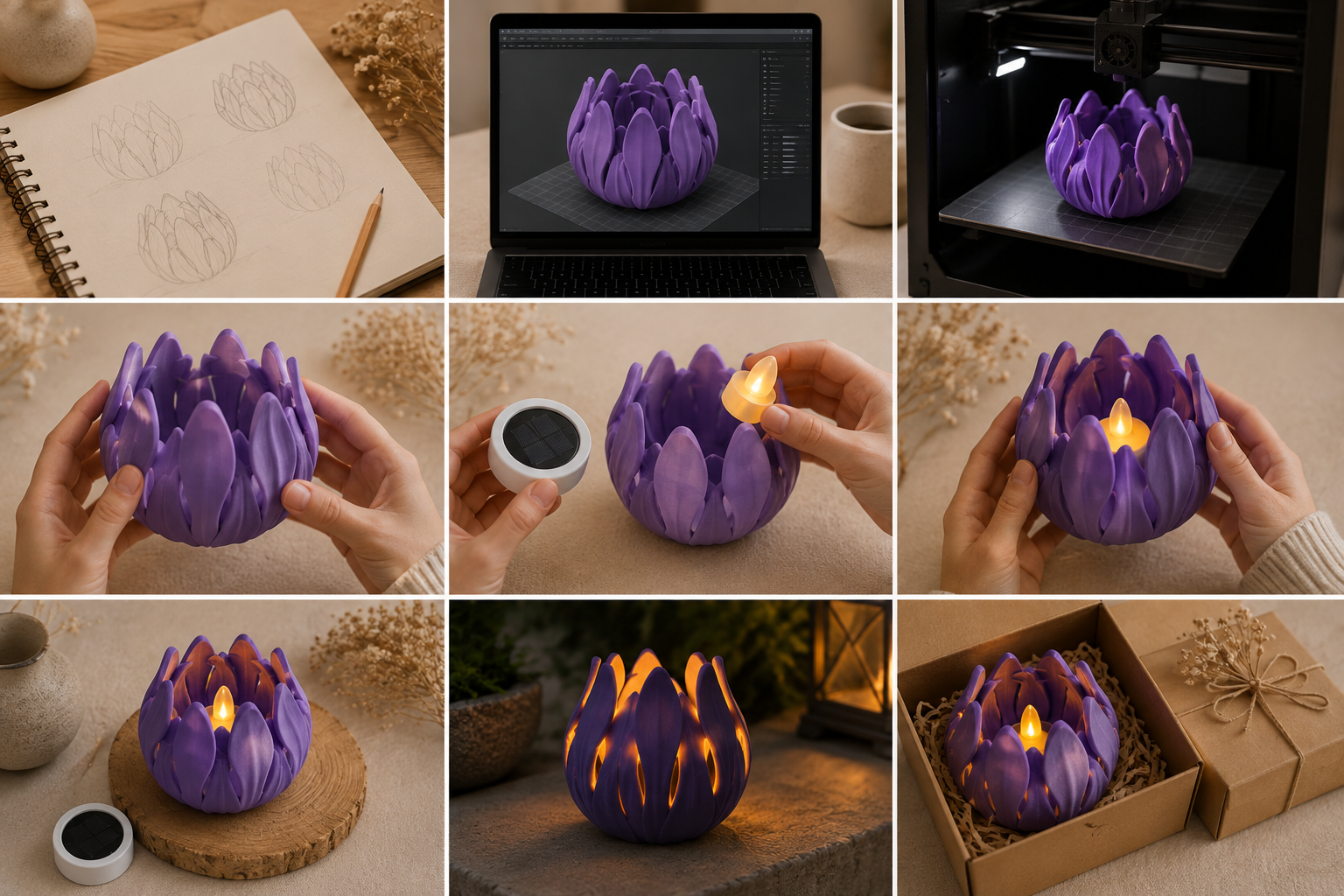 Entstehung eines MASAFLE Teelichthalters: Skizze, 3D-Modell, Druck, Finish und Verpackung
